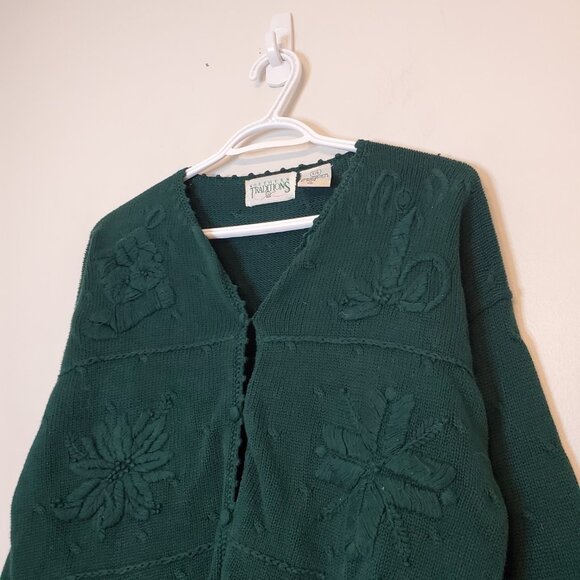 Vintage 90s Festive Knit Cardigan Sweater Green Size L - Picture 3 of 5
